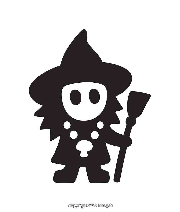 Black And White Witch Icon Design With Broomstick And Magical Hat