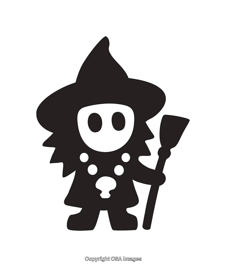 Black And White Witch Icon Design With Broomstick And Magical Hat