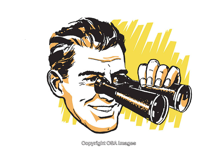 Retro Illustration of a Smiling Man Using Binoculars with Yellow Background
