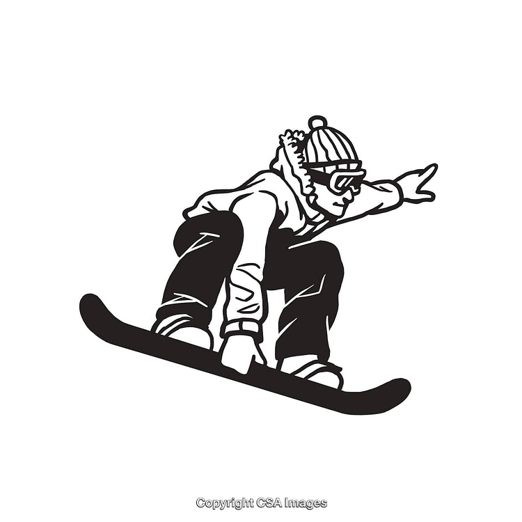 Snowboarder Performing Jump in Black and White Line Art Illustration