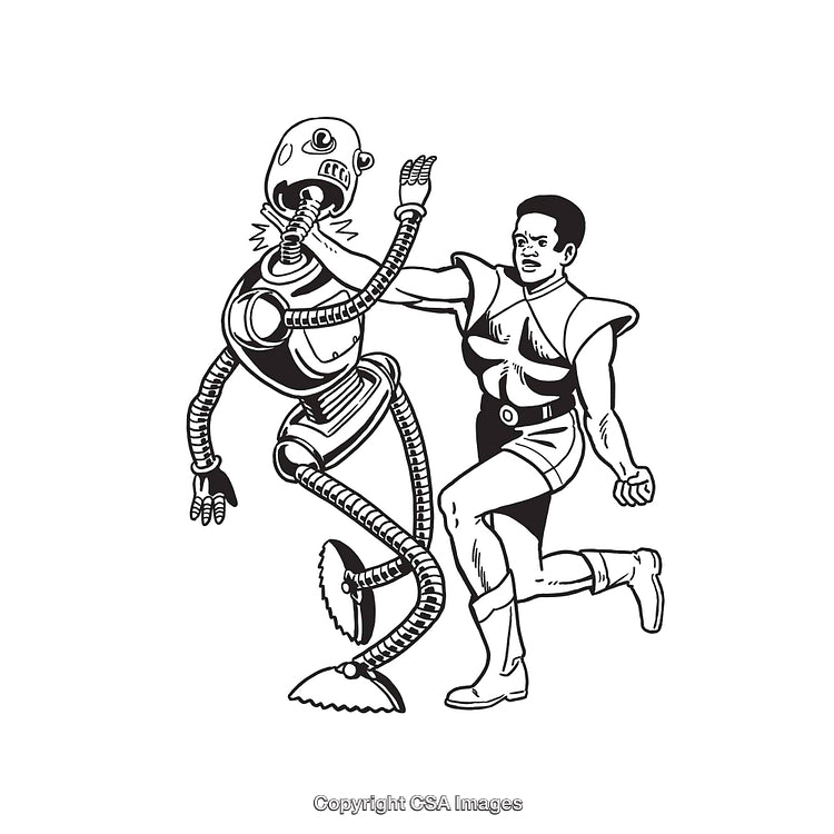 Futuristic Line Art Illustration of Robot and Human Conflict