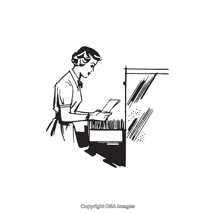 Retro Illustration of a Woman Filing Papers in an Office