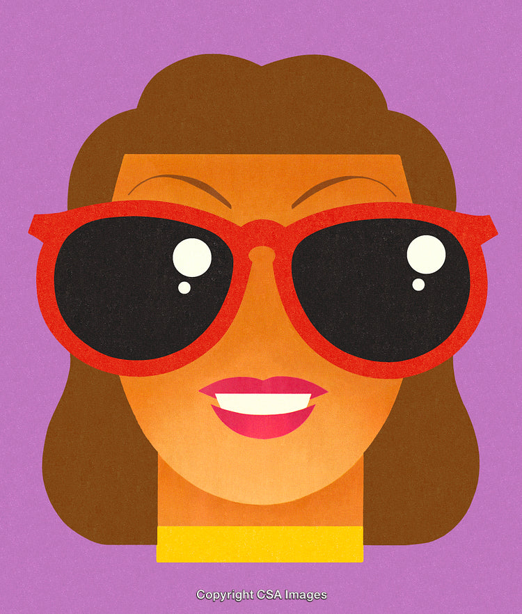 Stylized Illustration of a Woman Wearing Large Red Glasses on a Purple Background