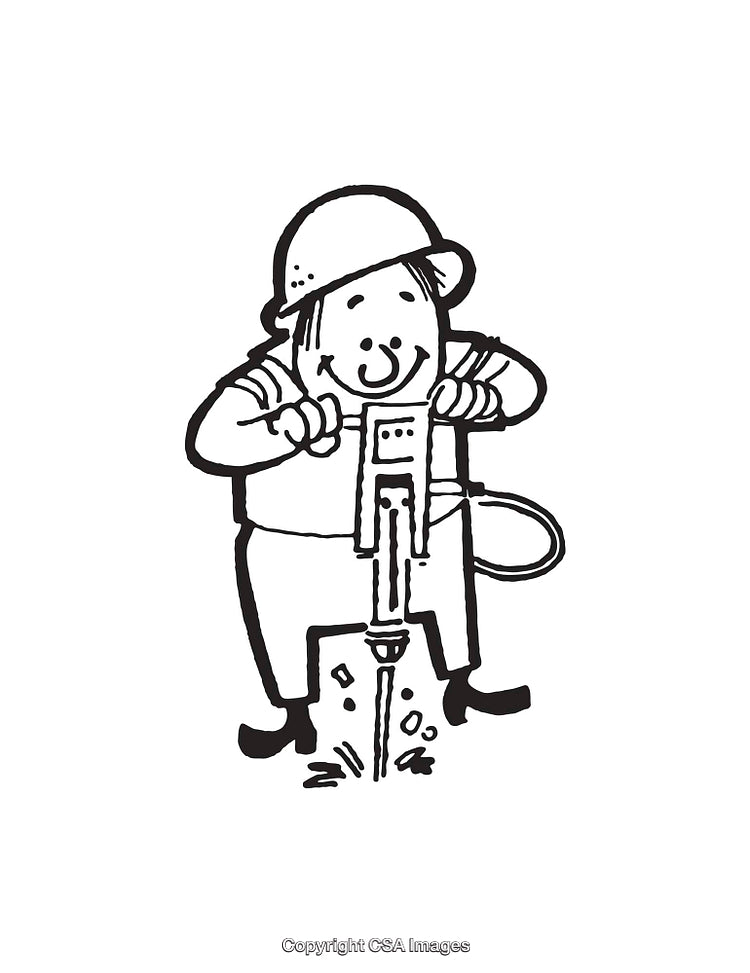 Cartoon Worker Using Jackhammer in Black and White Line Art