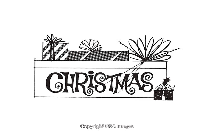 Black and White Christmas Gift Illustration Featuring Festive Decorations