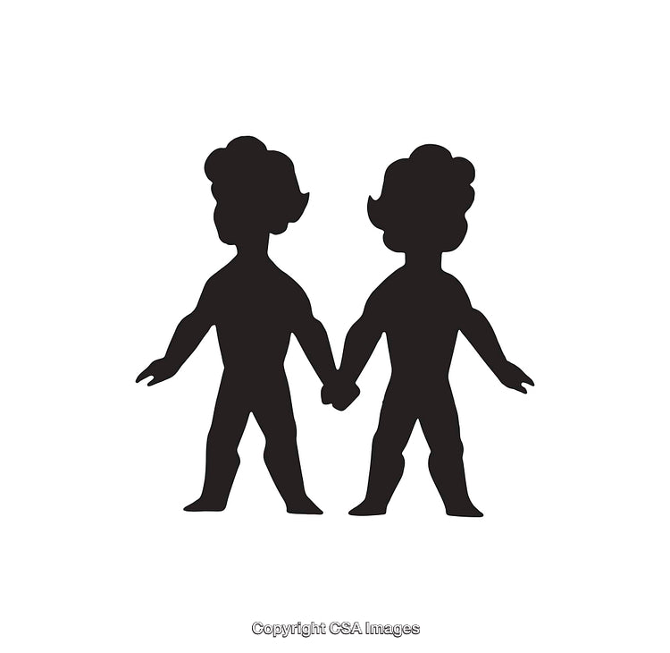 Silhouette of Zodiac Gemini Twins Holding Hands on White Background
