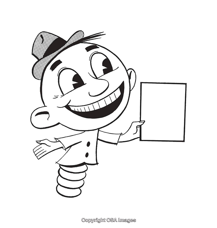 Retro Black and White Illustration of a Smiling Character Holding a Blank Sign