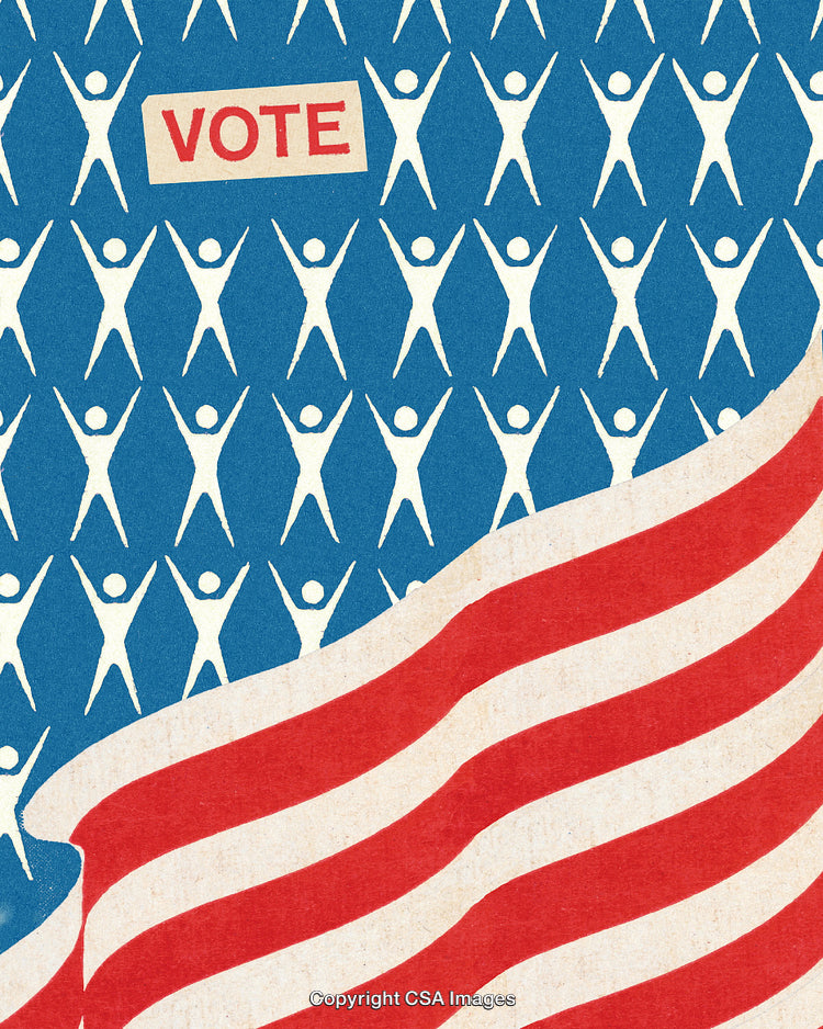 Patriotic Voting Poster Showing a Crowd Illustration and Flag Stripes