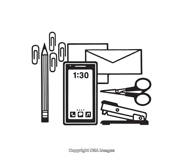 Office Supplies and Smartphone Line Art Illustration in Black and White