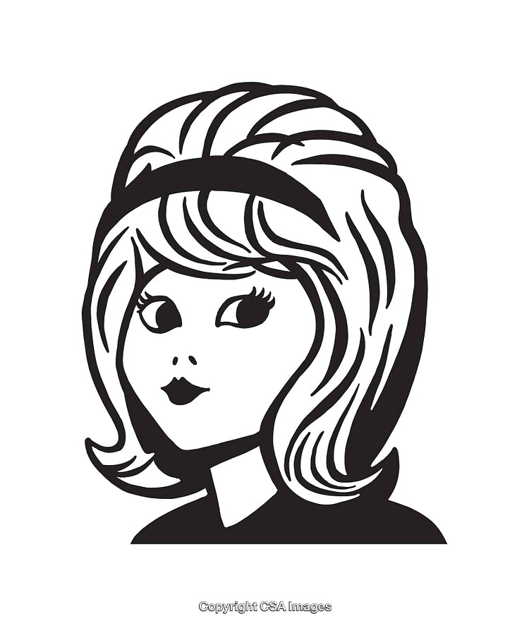 Black and White Retro Line Art Illustration of a Stylish Woman