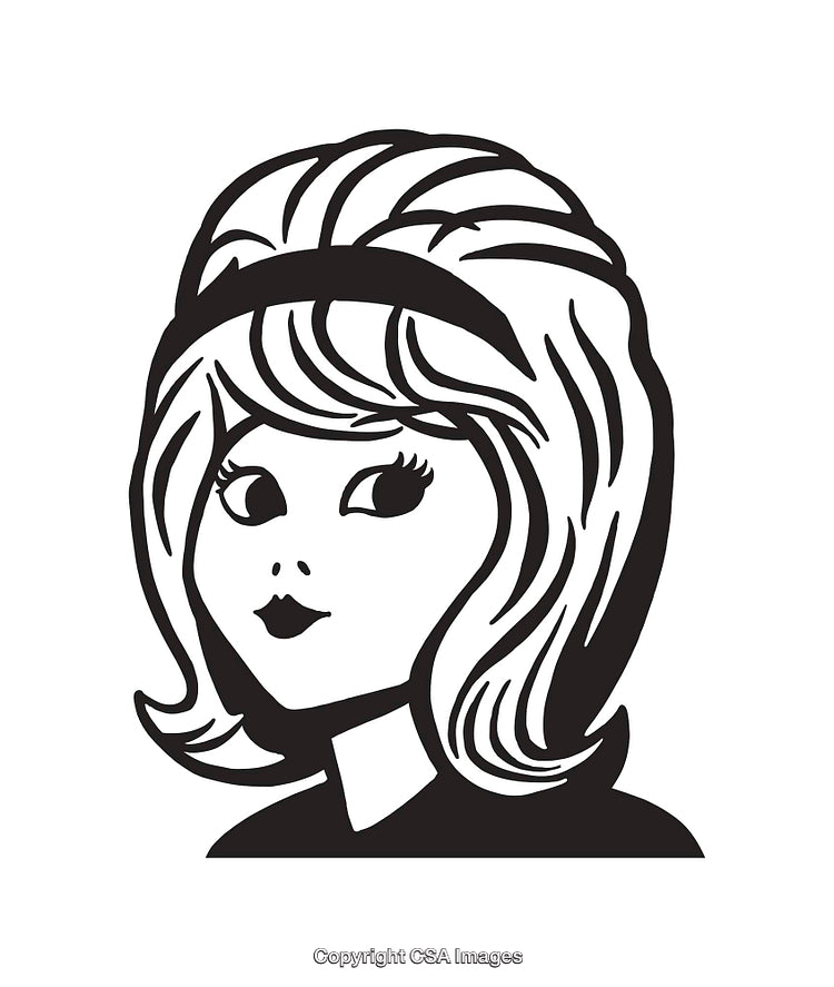Black and White Retro Line Art Illustration of a Stylish Woman