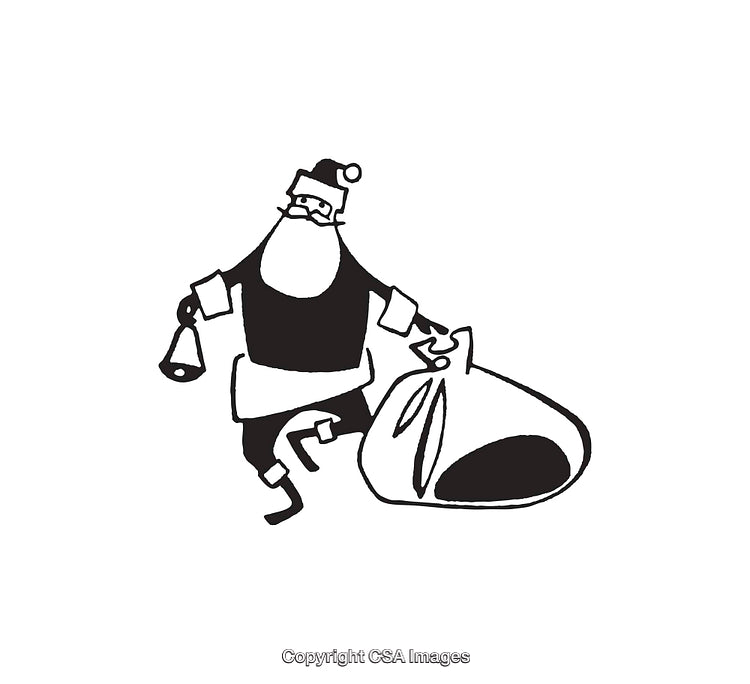 Black and White Illustration of Santa with Sack and Bell