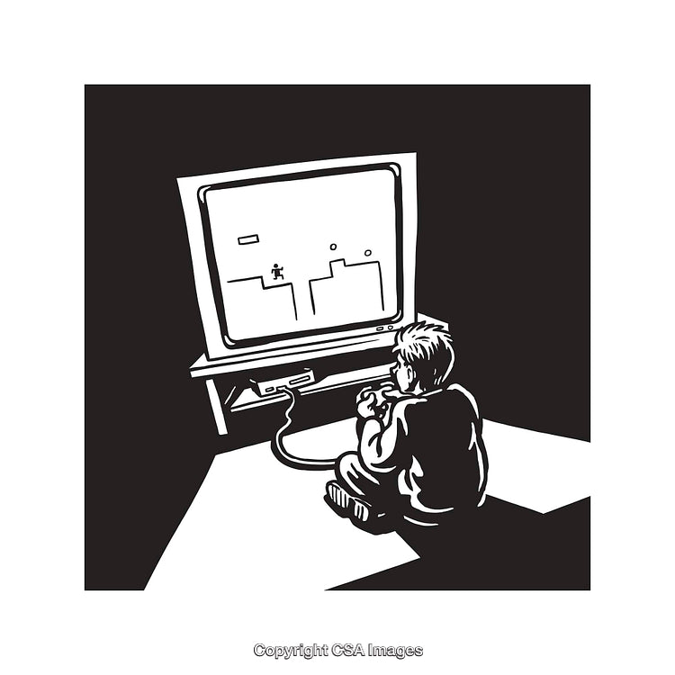 Retro Gamer Playing on a Classic Console in Black and White Art