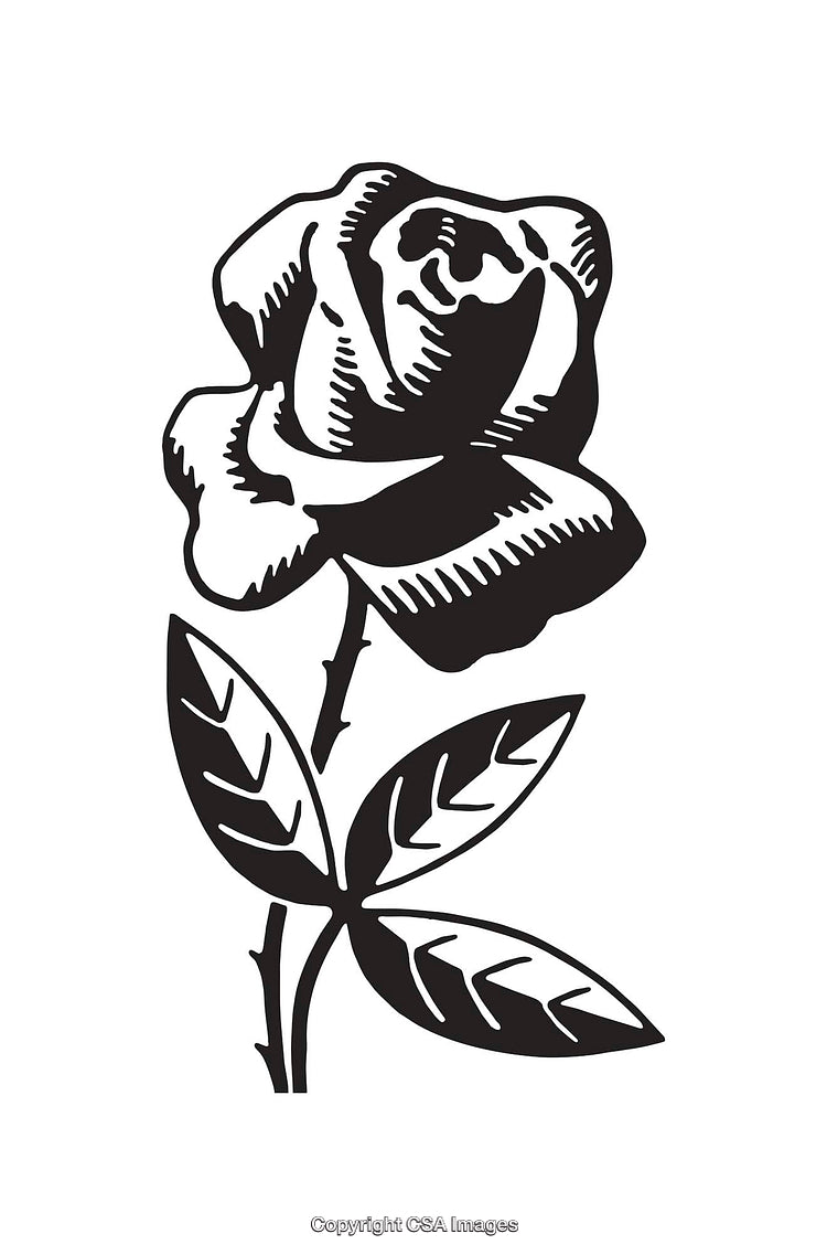 Elegant Black and White Line Art of a Rose Bloom with Leaves