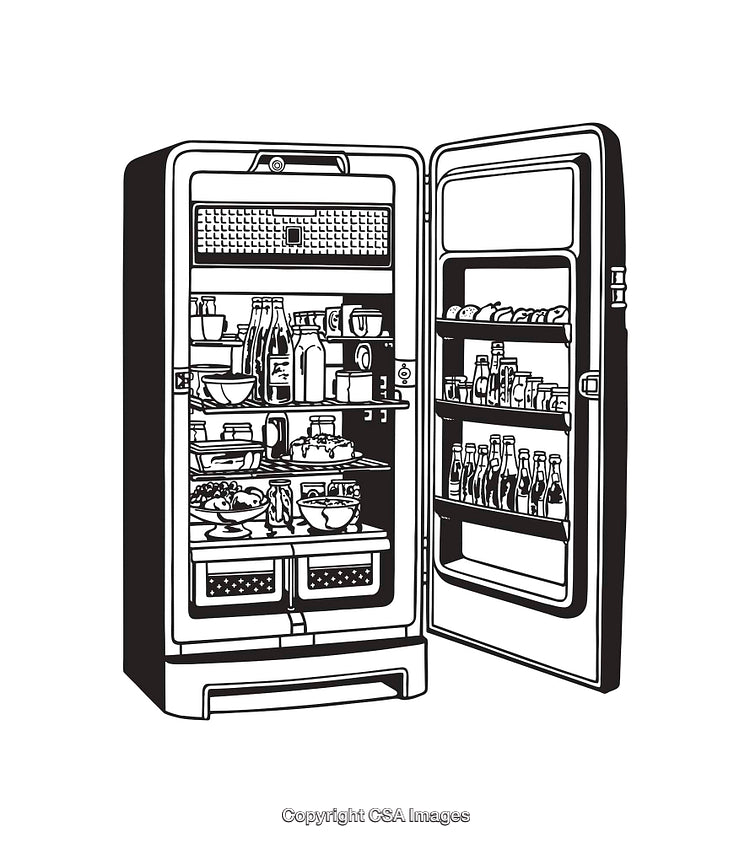 Open Refrigerator Filled With Various Groceries and Bottles in Black and White Illustration