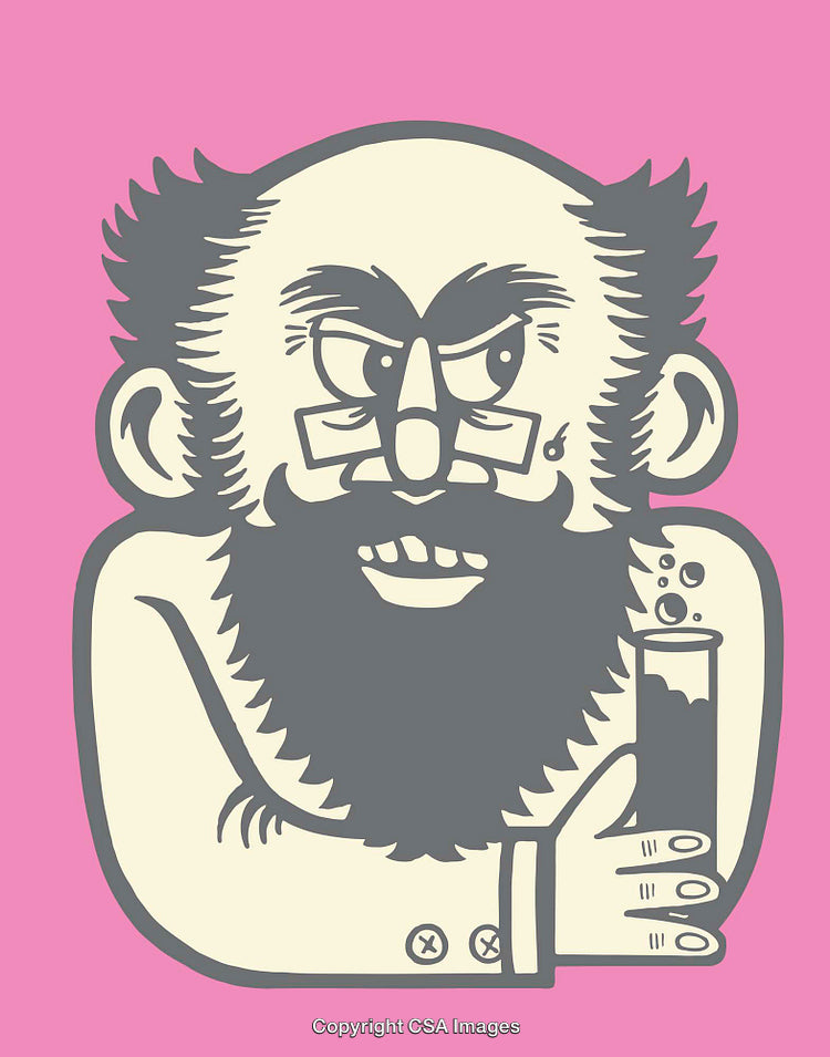 Quirky Cartoon Scientist Holding a Test Tube on Pink Background
