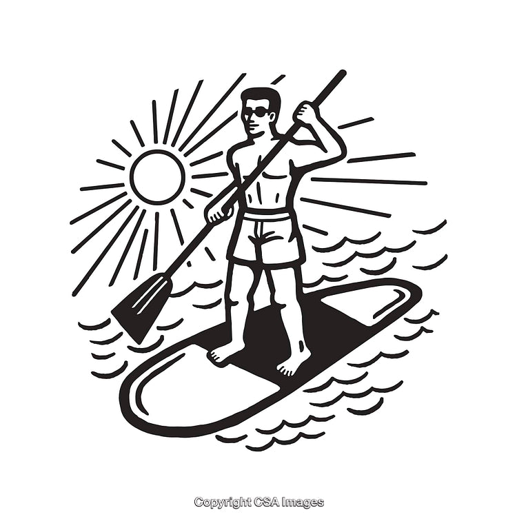 Stand-Up Paddleboarding Adventure Line Art with Sun and Waves