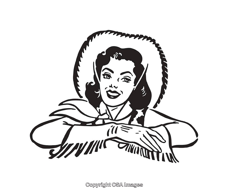 Vintage Black and White Illustration of a Smiling Cowgirl