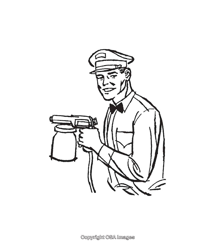 Vintage Line Art of Worker Using Paint Spray Gun Wearing Uniform