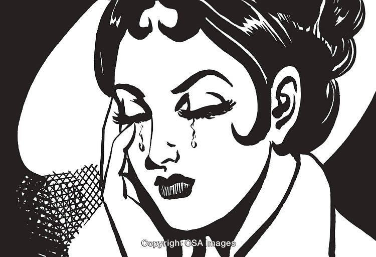 Vintage Inspired Black and White Illustration of a Woman in Sadness
