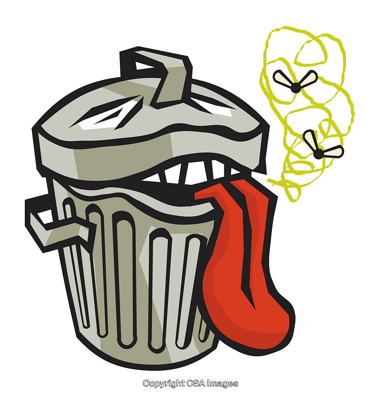 Humorous Cartoon of Garbage Bin with Flies and Expressive Features