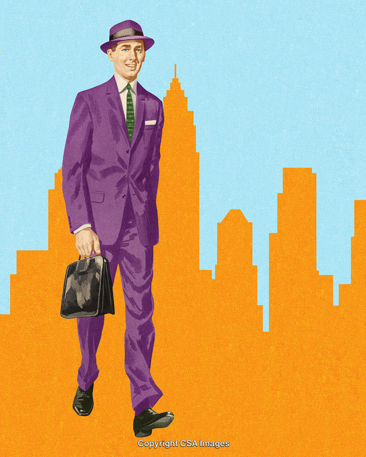 Vintage Businessman Illustration with Briefcase and City Skyline