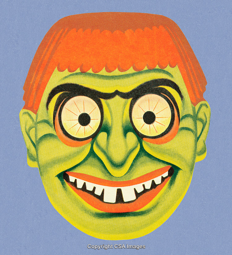 Vintage Illustration of a Colorful Halloween Mask with Exaggerated Features