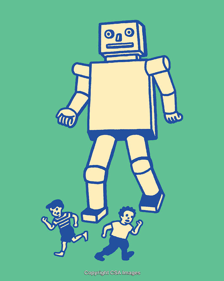 Colorful Illustration of a Robot With Two Children Running