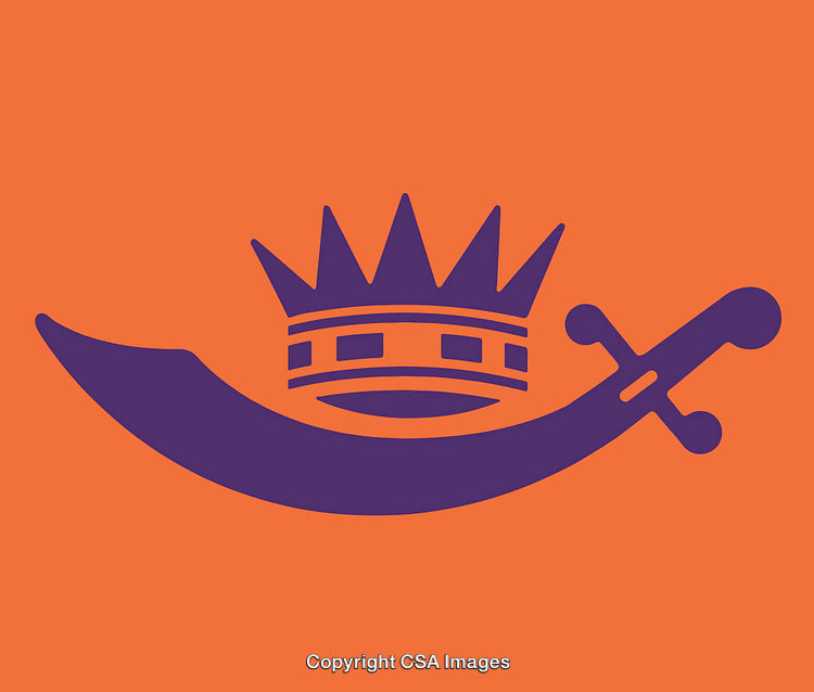 Purple Crown and Sword Icon on Orange Background