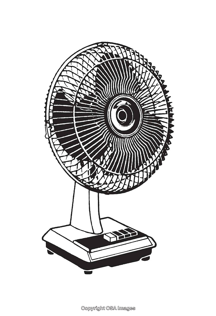 Black and White Line Art of a Table Fan with Detailed Design