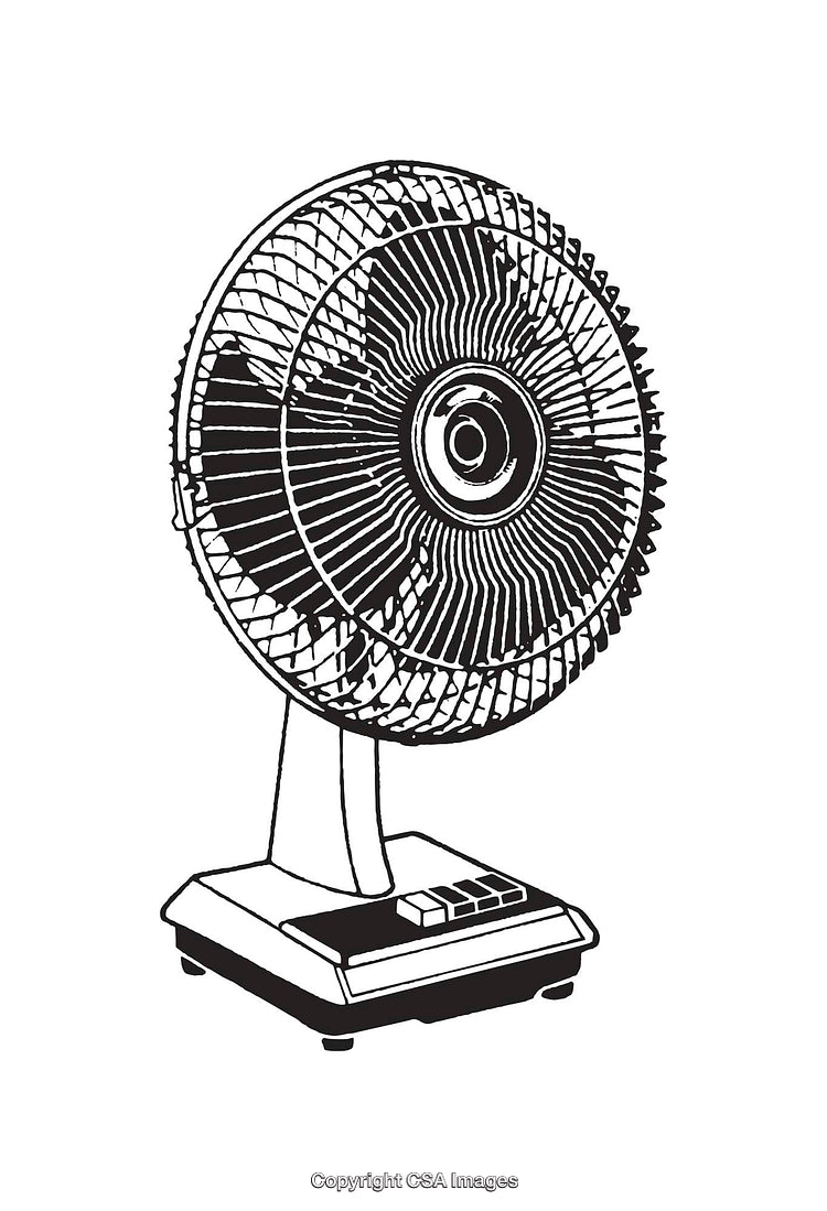 Black and White Line Art of a Table Fan with Detailed Design