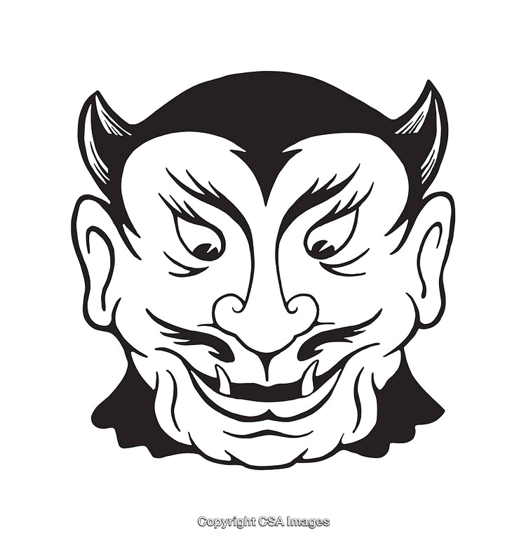Black and White Line Art Illustration of a Stylized Devil Mask Design