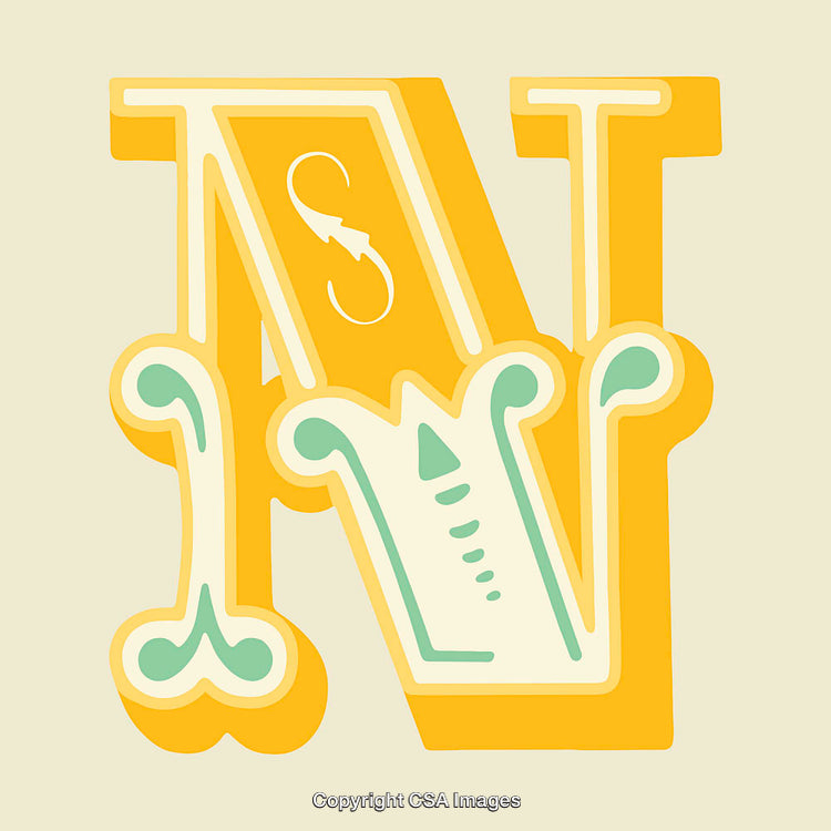 Yellow and Blue Decorative Letter N with Ornamental Details