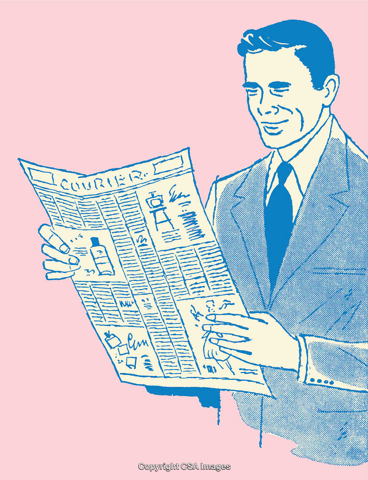 Retro Line Art of a Man Reading a Newspaper in Blue and Pink