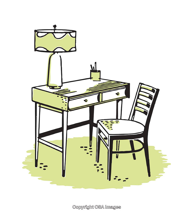 Illustration of a Desk With Chair and Lamp on a Pale Green Background