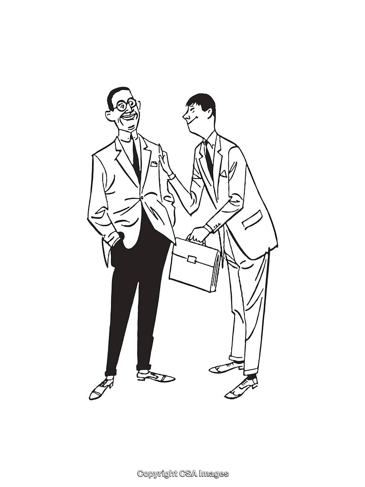Black and White Illustration of Two Businessmen in Friendly Interaction