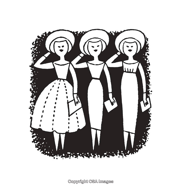 Stylized Black and White Illustration of Elegant Women Posing Together