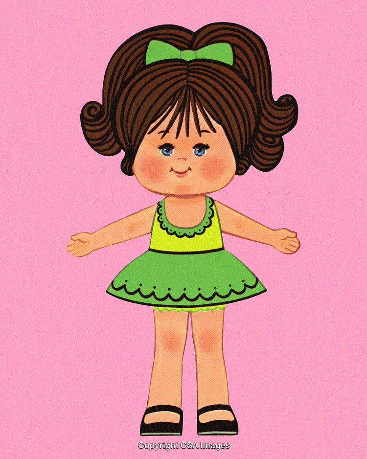 Adorable Cartoon Girl in Green Dress on Pink Background