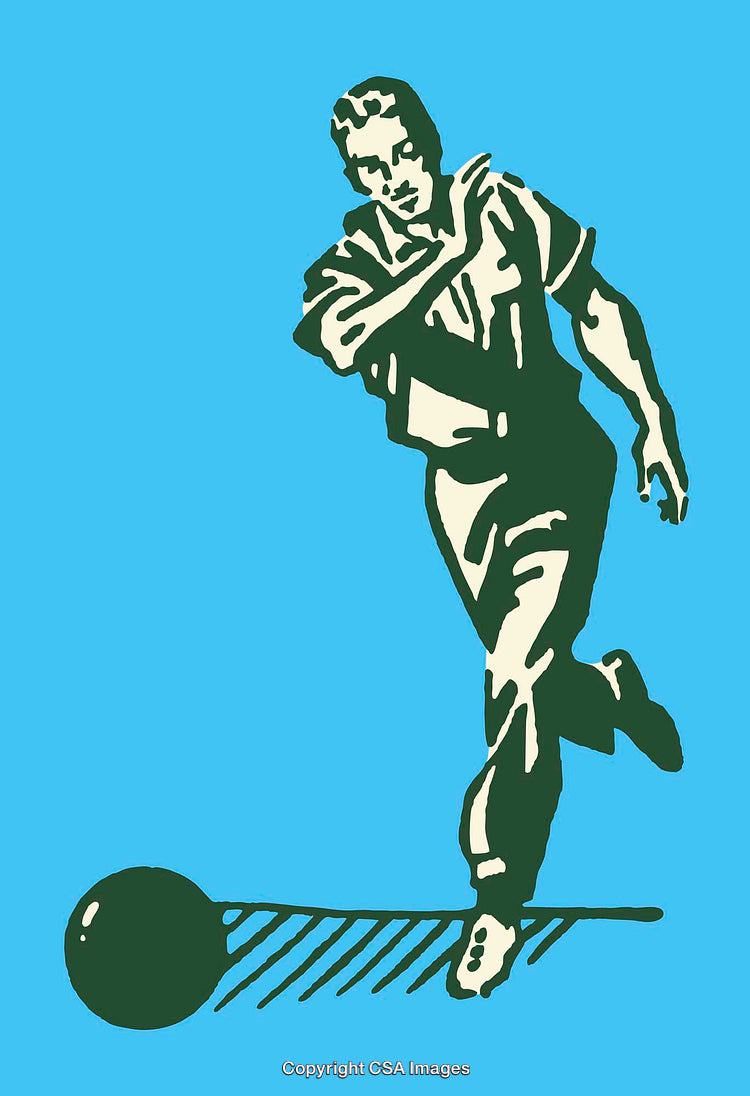 Vintage Illustration of a Man Bowling on a Blue Background