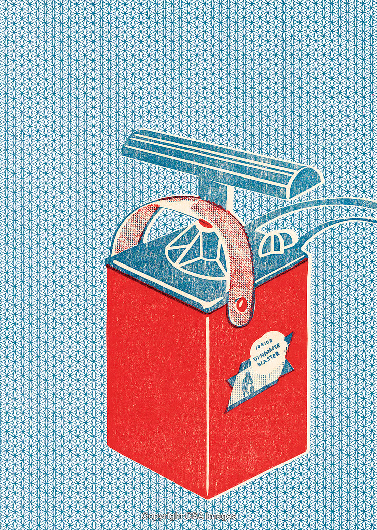 Illustration of a Red and Blue Vintage Mechanical Device on Patterned Background
