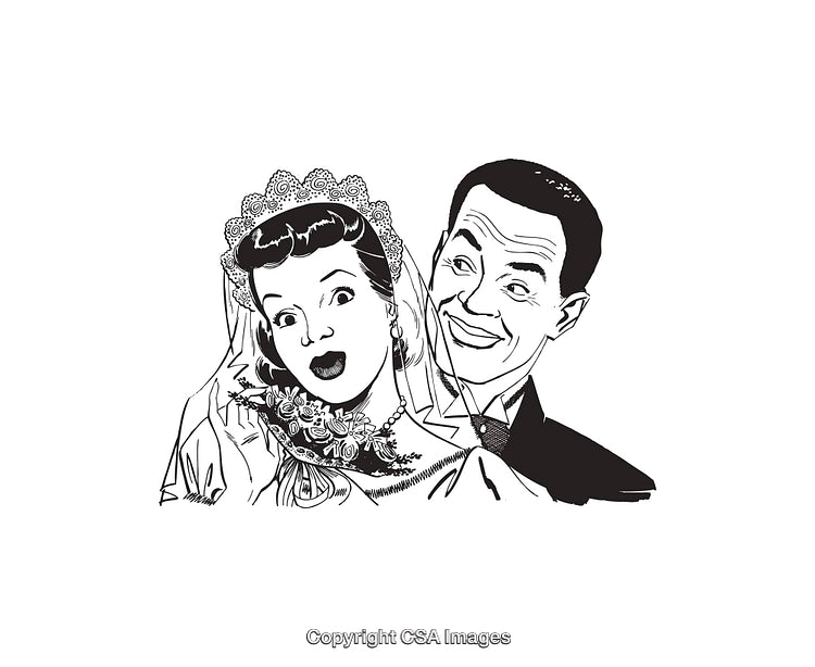Retro Wedding Couple Black And White Illustration Featuring Bride And Groom Expressions