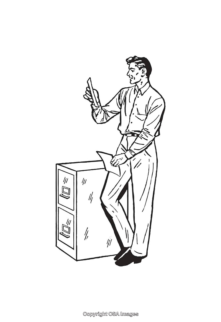 Retro Illustration of a Man Checking Files Next to a File Cabinet