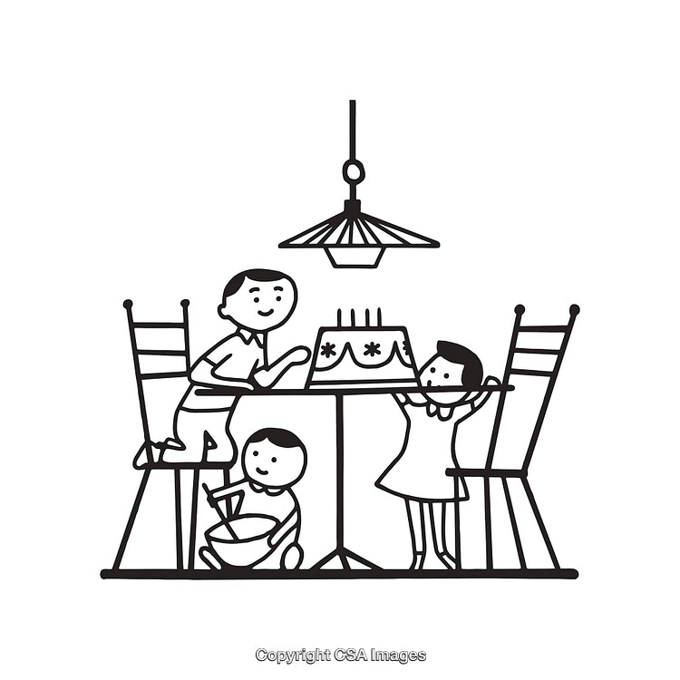 Illustration of Children Enjoying a Birthday Cake Around a Table