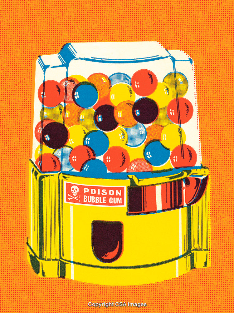 Retro Illustration of Bubble Gum Machine with Vibrant Colors and Comic Style