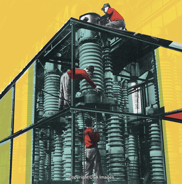 Industrial Workers Performing Maintenance on Machinery in Graphic Art Style