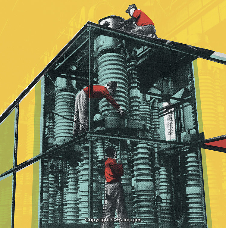 Industrial Workers Performing Maintenance on Machinery in Graphic Art Style