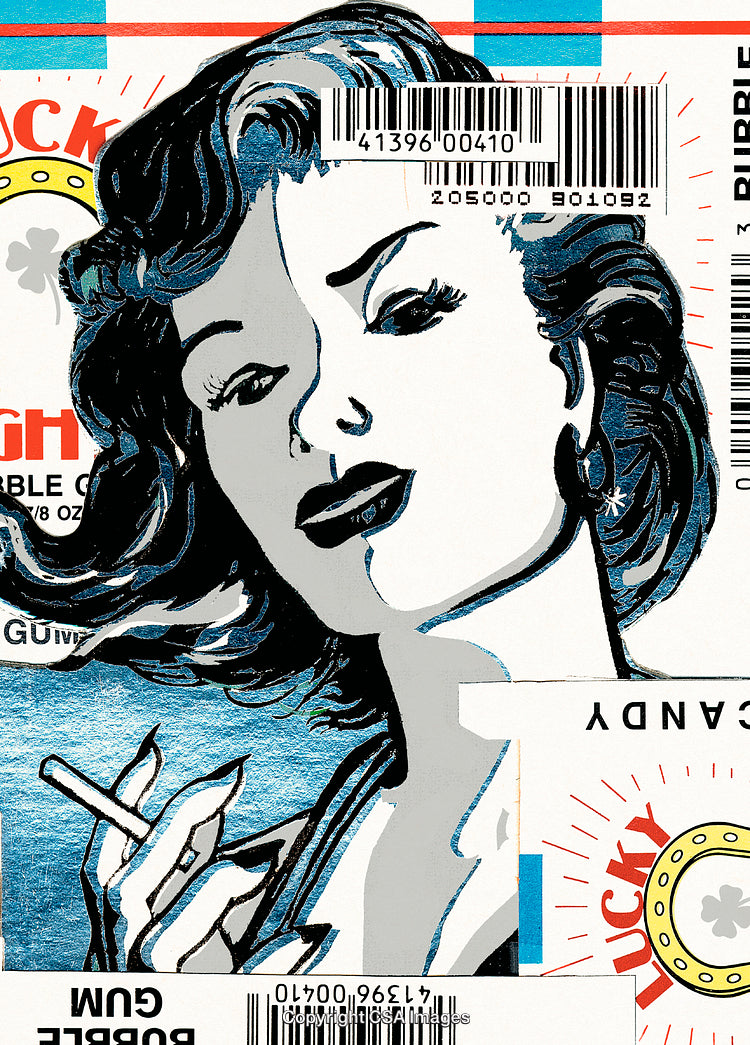 Pop Art Style Collage Featuring Vintage Woman Illustration and Typography Elements