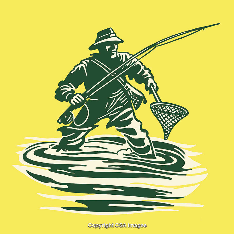 Vintage-Style Illustration of Fisherman Fly Fishing in Shallow Water