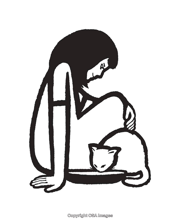 Minimalist Line Art Depicting Woman Caring for Cat in Peaceful Pose
