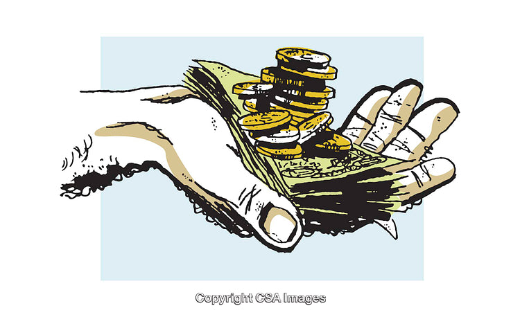 Hand Holding Cash and Coins in an Artistic Illustration